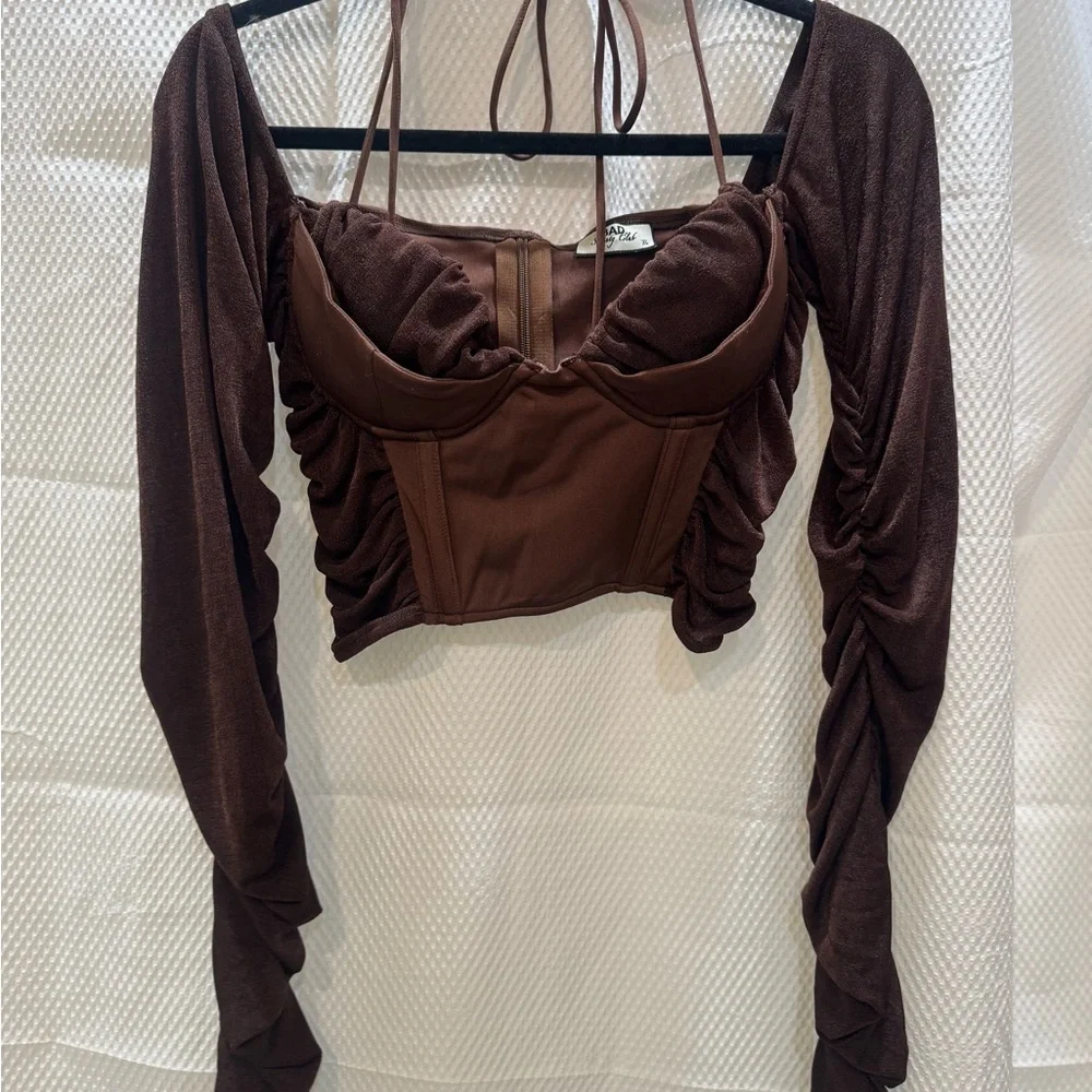 Bad Society Club Brown Ruched Corset Top XL  Long Sleeve Mesh Halter Crop Top - Picture 2 of 9